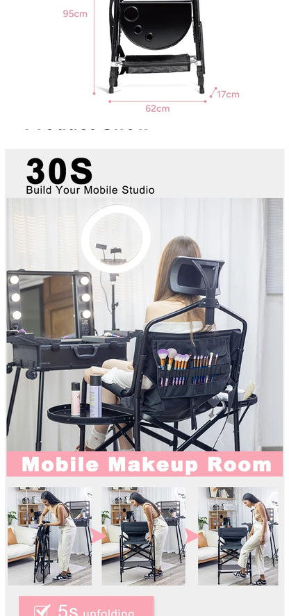 Simpleme Lightweight Aluminum Portable Folding Tall Director Adjustable High Makeup Artist Chair With Headrest