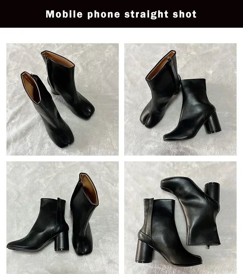 Luxury Brand Designer Tabi Split-toe Ankle Boots Women Genuine Leather Chunky Round Heel Short Boots 2024 Autumn Winter Shoes