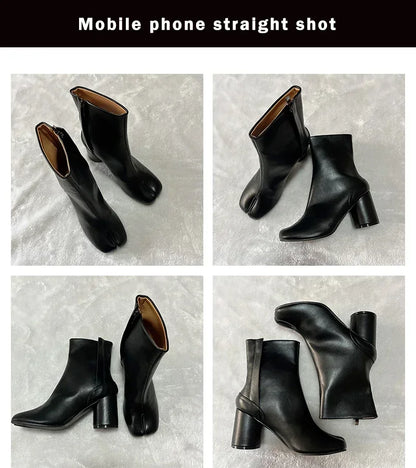 Luxury Brand Designer Tabi Split-toe Ankle Boots Women Genuine Leather Chunky Round Heel Short Boots 2024 Autumn Winter Shoes