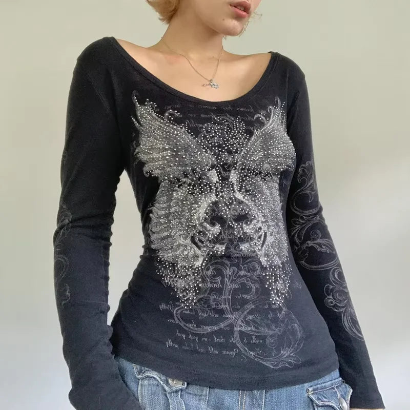 Women Y2k Fairy Grunge Shirt Vintage Graphic Print Long Sleeve Tee Shirt Tops Teen Girls Grunge Aesthetic Clothes Streetwear