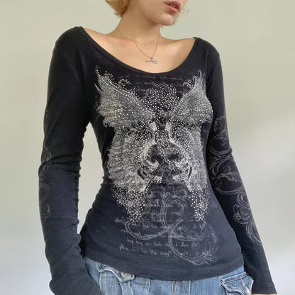 Women Y2k Fairy Grunge Shirt Vintage Graphic Print Long Sleeve Tee Shirt Tops Teen Girls Grunge Aesthetic Clothes Streetwear