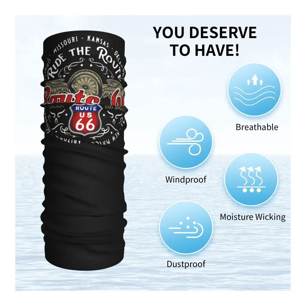 Custom Travel Motorcycle Ride Route 66 Bandana Winter Neck Warmer Windproof Wrap Face Scarf for Hiking Highways Gaiter Headband