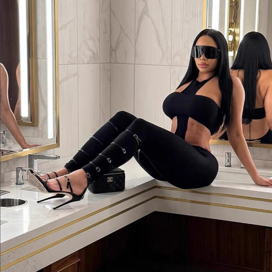 Y2k Sexy Two Piece Sets Woman Club Wear Halter Cross Crop Top and Skinny Pants Suits 2025 Female Jumpsuit Baddie Outfits