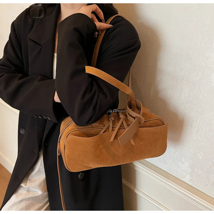 Retro Red Suede Wedding Shoulder Bag Luxury Designer Women Versatile Underarm Bags Elegant Female Large Capacity Handbags