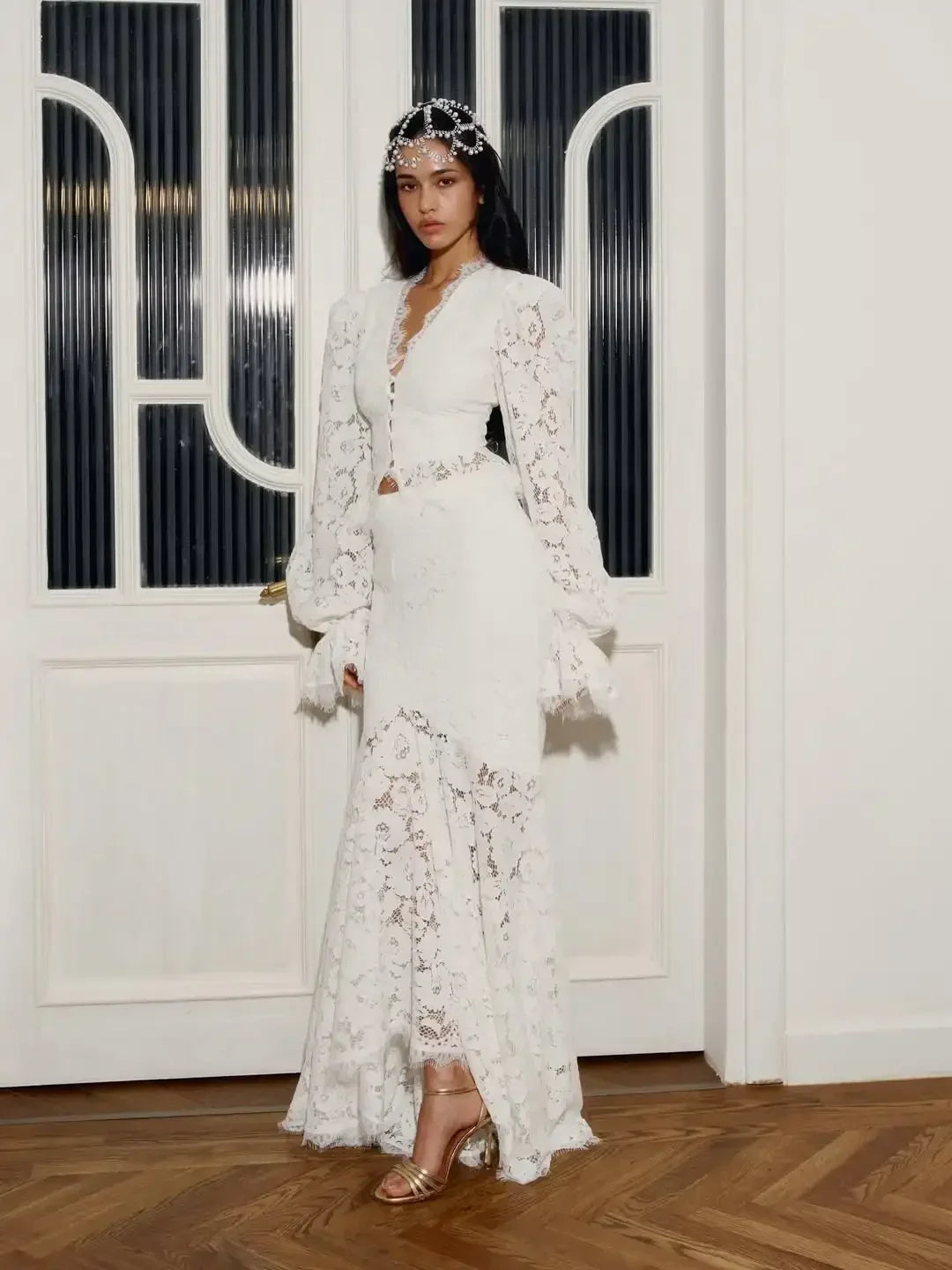 White Lace Patchwork Long Skirt Set Women Chic Full Flared Sleeves V-neck Slim Cropped Sets 2026 Lady Spring Evening Party Wear