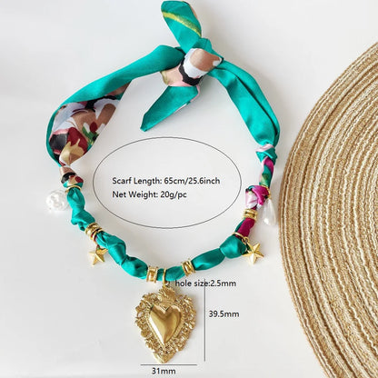Women’s Fashion Scarf Necklace with Large Stainless Steel Heart Pendant Stackable Bandana Jewelry
