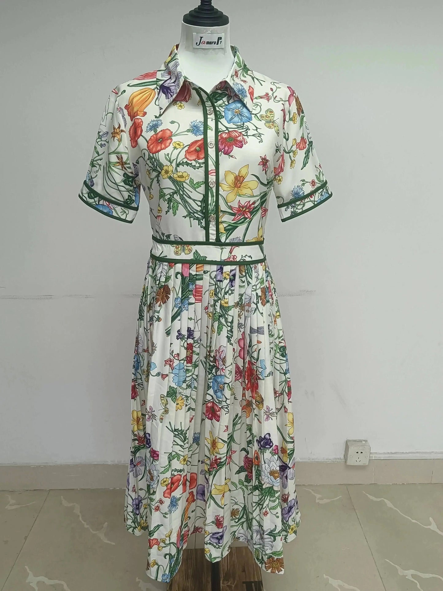 JAMERARY Runway Design Fashion Floral Print Elegant Summer Pleated Midi Long Dress Shirt Street Casual Lady Office Work Dresses