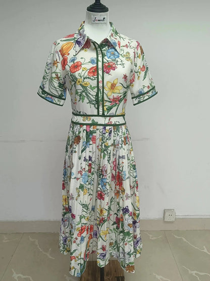 JAMERARY Runway Design Fashion Floral Print Elegant Summer Pleated Midi Long Dress Shirt Street Casual Lady Office Work Dresses