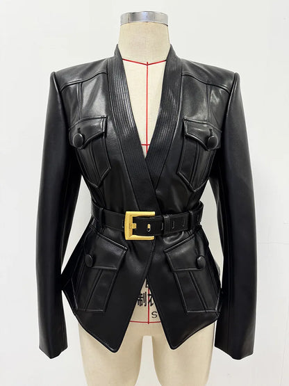 2025 new luxury and fashionable women's clothing belt slim fit leather jacket with multiple pockets motorcycle jacket jacket