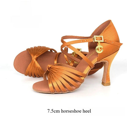 SW Latin Dance Premium Elegant Professional Women's Medium High Heel Soft Sole Ballroom Competition Dance Shoes for Practice
