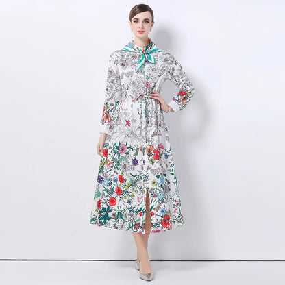 JAMERARY Runway Design Fashion Floral Print Elegant Summer Pleated Midi Long Dress Shirt Street Casual Lady Office Work Dresses