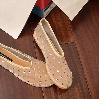 Women Flats Luxury Crystal Rivet Design Sandals Summer Mesh Breathable Ballet Shoes Plus Size Ladies Elegant Party Dress Loafers
