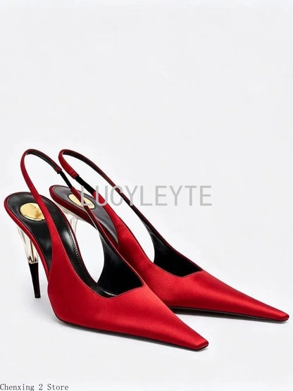 Women Satin Pointed‑Toe Stiletto Pumps with Clear Heel, Elegant Back Strap Dress Heels for Formal Dating Club Occasions