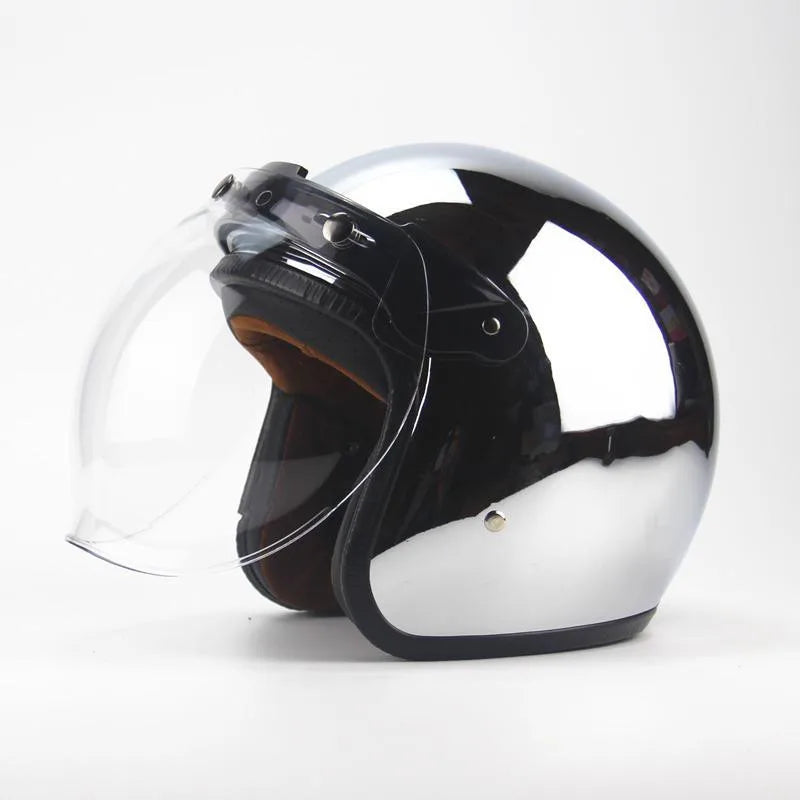 HOT Unique Silver Plating Open Face Retro Motorcycle Helmet Vintage Moto Chrome Helmet Sliver Jet Moto 3/4 Half Casco Casque