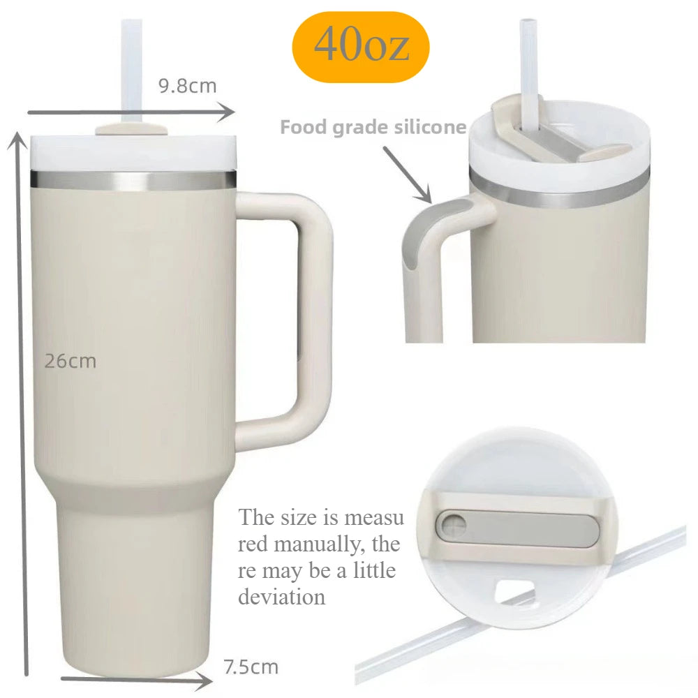 40 Oz Insulated Mug with Handle Straw and Lid. Stainless Steel Portable Drinking Mug, BPA free Keeps Water Hot or Cold Longer