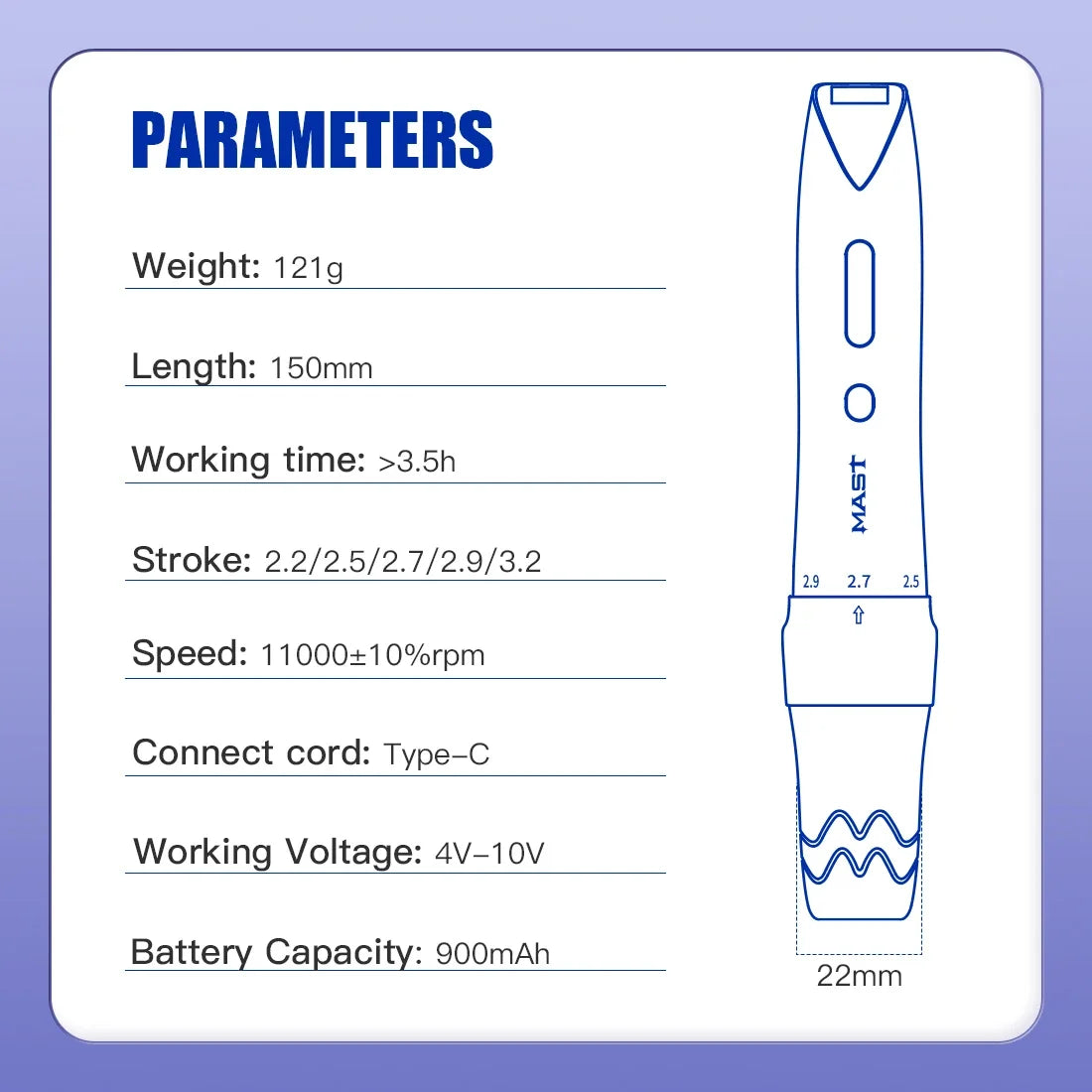 Mast P60 Wireless Tattoo Machine PMU Pen 5 Strokes Length 2.2mm - 3.2mm Permanent Makeup for Pro Artists Eyebrows Eyeliner Lip