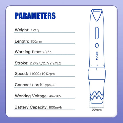 Mast P60 Wireless Tattoo Machine PMU Pen 5 Strokes Length 2.2mm - 3.2mm Permanent Makeup for Pro Artists Eyebrows Eyeliner Lip