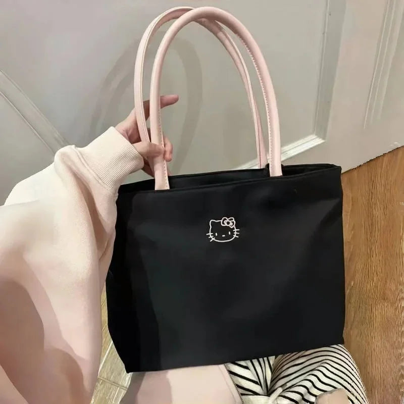 Cute cartoon embroidery large capacity shopping bag, fashionable and versatile shoulder bag, fashionable women's black handbag