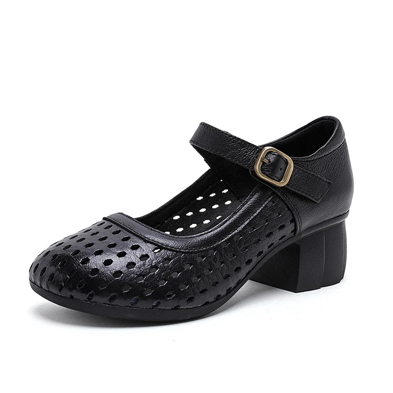 AIYUQI Women Hollow Mary Jane Shoes Genuine Leather Women Sandals Summer Comfortable Middle Aged Mother Shoes