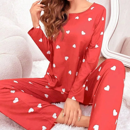 Women's Pajamas Casual Love Print Round Neck Long Sleeve Long Pants Fall and Winter Comfortable Set Girl Sleepwear Homewear