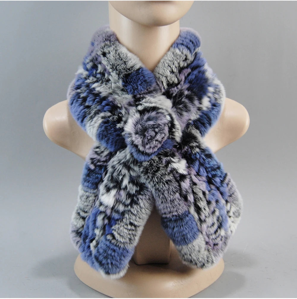 Hot Russian Women Knit Real Rex Rabbit Fur Scarf Lady Fashion Floral Rex Rabbit Fur Mufflers Hot Winter Warm Natural Fur Scarves