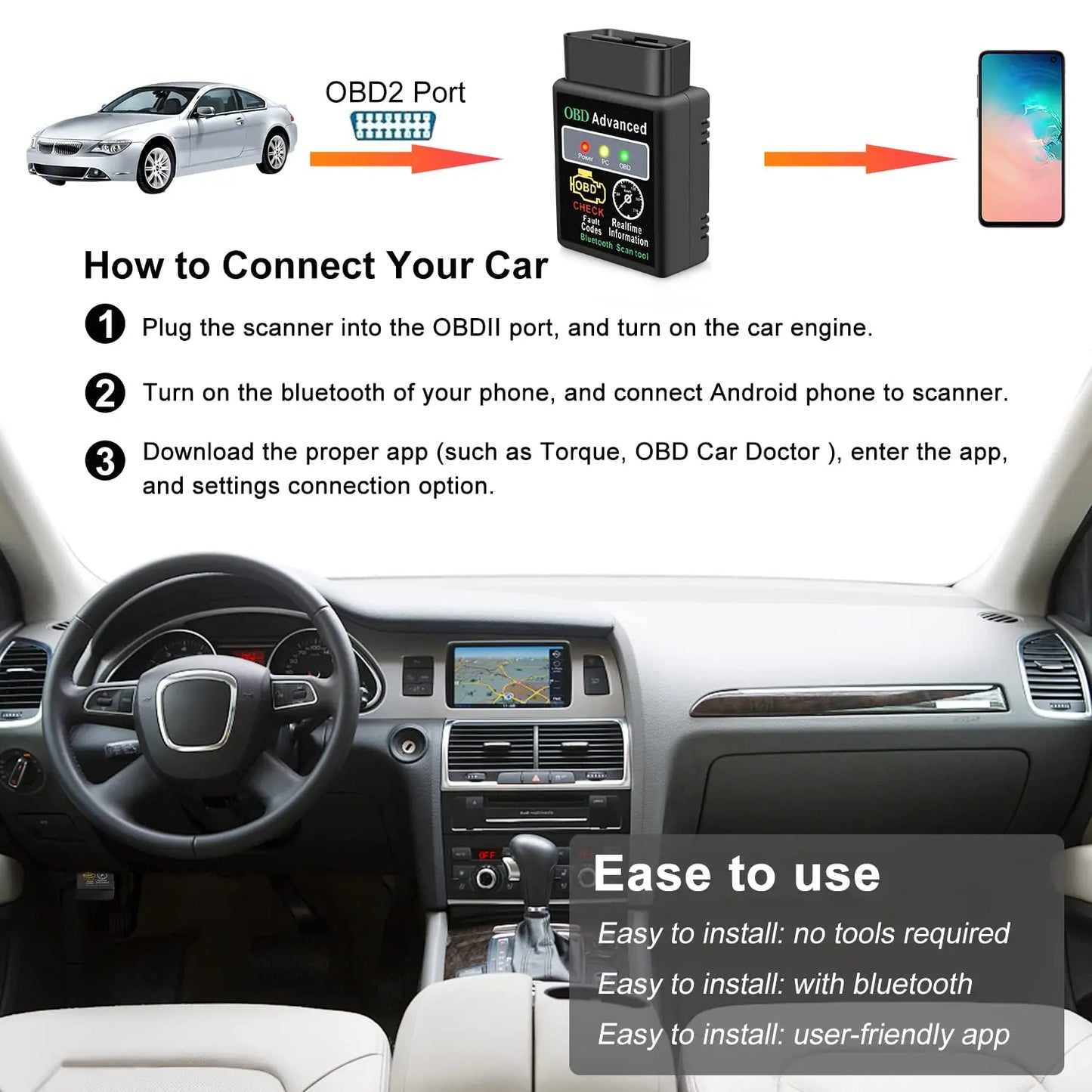 OBD2 Scanner Adapter BT, Wireless Diagnostic Code Reader OBD II Scan Tool Reset & Clear Check Car Engine Light