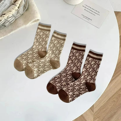 Kuwa 1/2Pairs Trendy Winter Wool Socks Ladies Monogram Pattern Solid Color Thickened Middle Tube Socks Breathable Wholesale