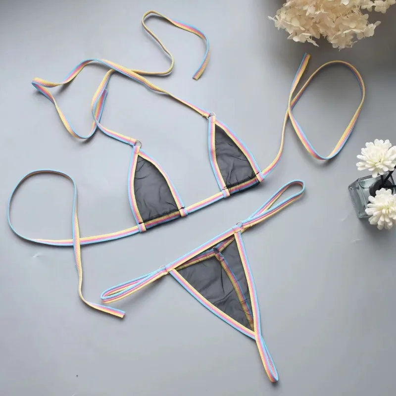 Sexy Mini Bra Sets Wirefree Ultra-thin Mesh Unlined Bra Brief Set Black Transparent 2 Pieces Halter Women's Exotic Lingerie Sets