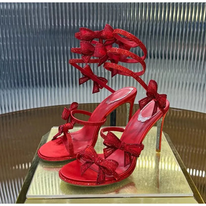 Luxury Rhinestones Mesh Bowknot Snake Coiled Women Gladiator Sandals Sexy Narrow band Thin High heels Summer Wedding Party Shoes