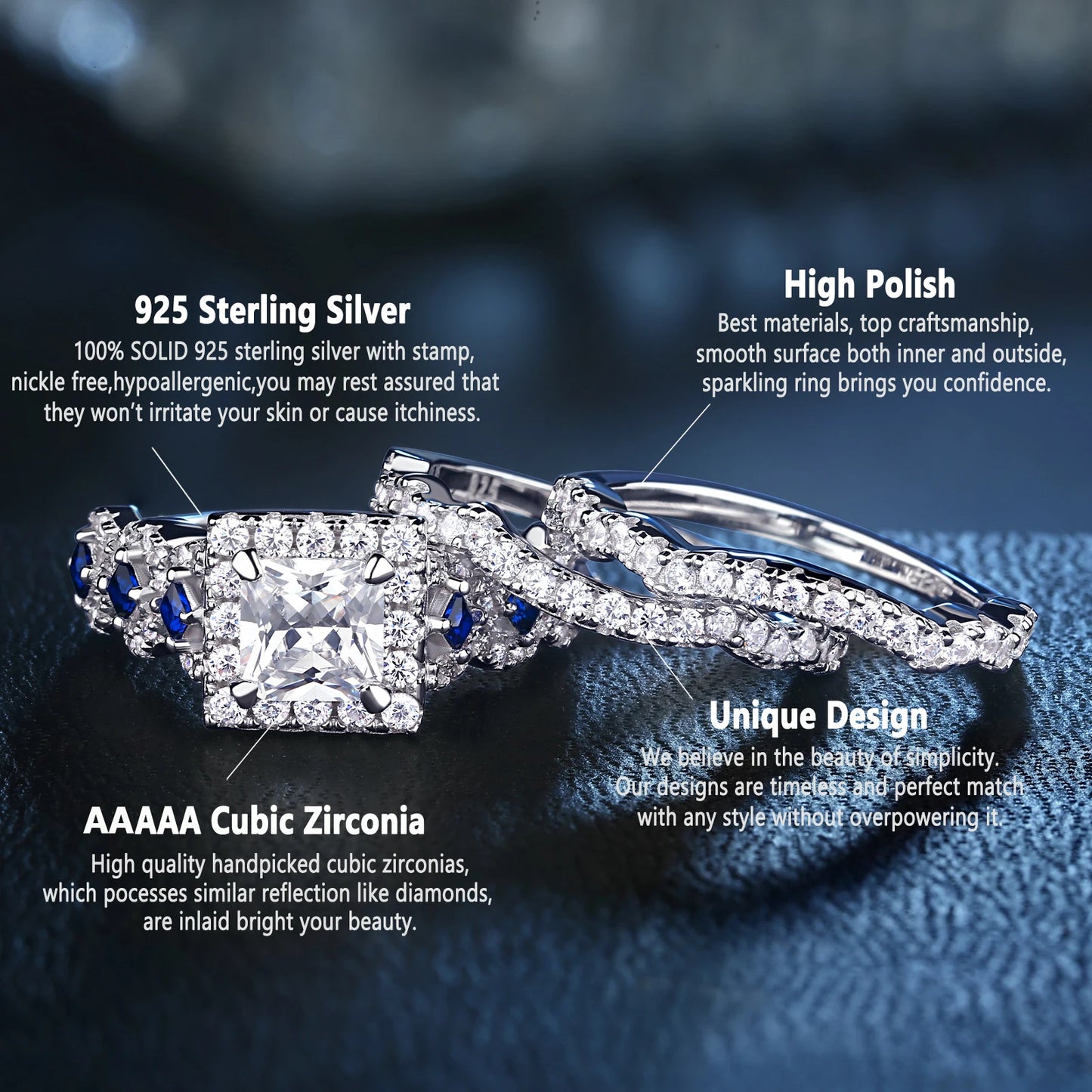 Newshe 3 Pcs Wedding Rings Set for Women 925 Silver Princess Cut Certified Moissanite/Zircon Luxury Bridal Engagement Jewelry