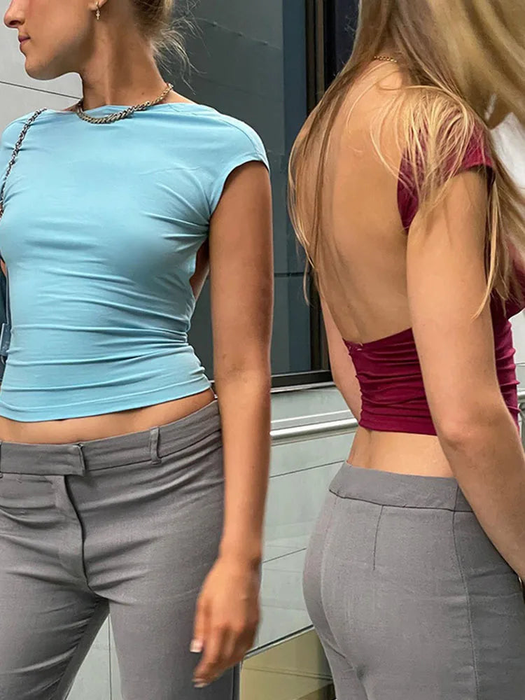 Short Sleeve Backless Tops Women Multi Ways Wear 2025 Skinny Basic Summer Slim Cropped Cut Out Sexy T Shirt Crop Top