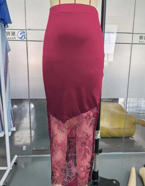 Lady Elegant Patchwork Lace Skirts Fashion High Waist Slim Hollow Out Maxi Skirts 2026 Autumn Women Brown Party Club Skirt