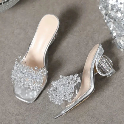 New Women High Heels Water Diamond Flower Sandals with Transparent Thick Bottom Women Shoes Party Dress PVC Slippers Mules Shoes