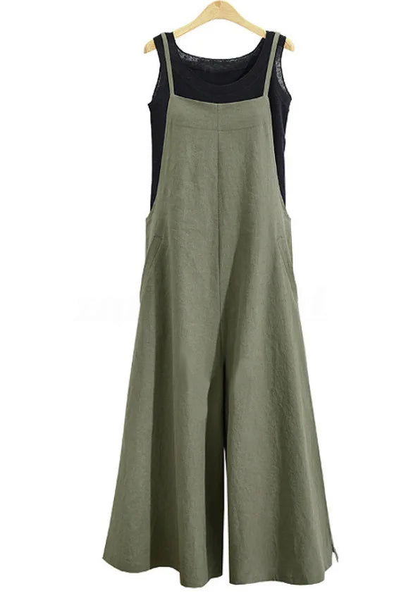 Women's Summer Sleeveless Jumpsuit Solid Color Wide Leg Bib Overalls Casual Loose Cotton Linen Straps Dungaree
