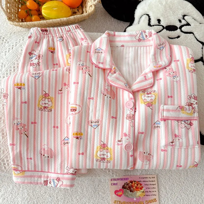 Striped Dog Print Korean Casual Loungewear for Women Sweet Cute Lapel Neck Women's Pajamas Set Autumn Winter New 2 PCS Sleepwear