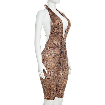 FAGADOER Sexy Python Print Patchwork Bodycon Jumpsuits Woman Halter Deep V-neck Backless Rompers Female Streetwear Overalls New
