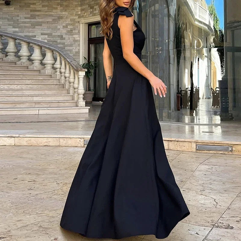 Elegant Women's Draped Big Hem Evening Dress Summer Fashion V-neck High Slit Party Dress 2025 New Sleeveless Party Long Dress