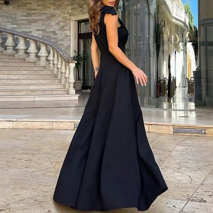 Elegant Women's Draped Big Hem Evening Dress Summer Fashion V-neck High Slit Party Dress 2025 New Sleeveless Party Long Dress