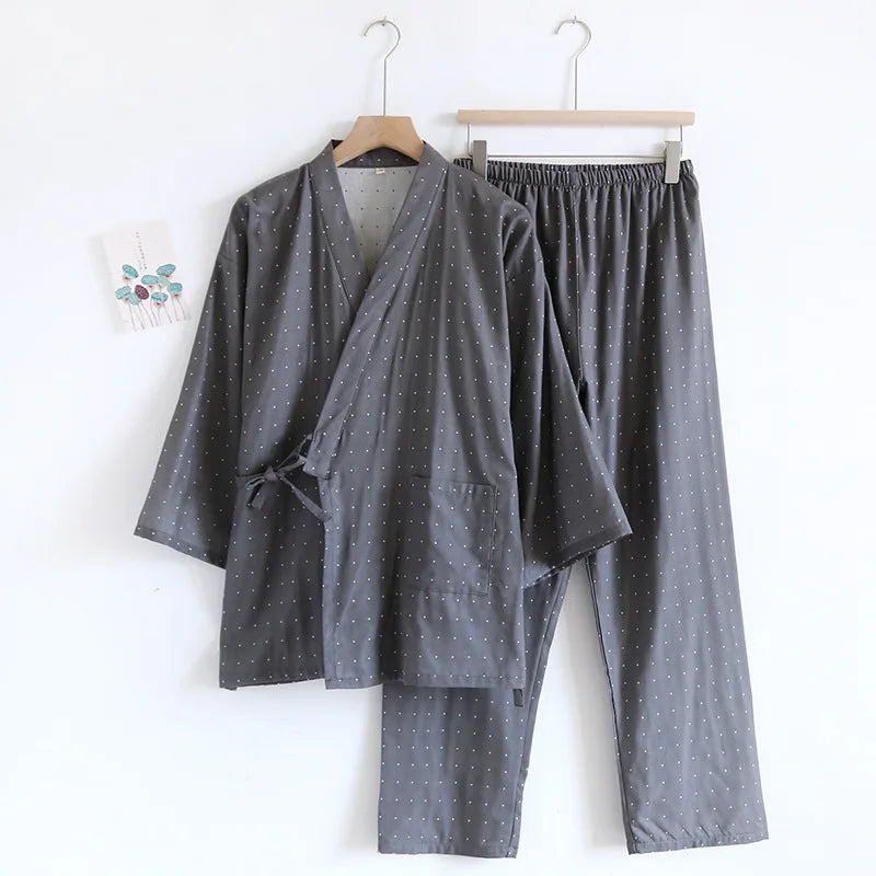 Kimono Robes Pajamas Set for Spring Autumn and Summer Thin Men's Cotton Loose Fit Large Size Half Sleeve Sleepwear Set