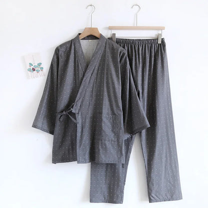 Kimono Robes Pajamas Set for Spring Autumn and Summer Thin Men's Cotton Loose Fit Large Size Half Sleeve Sleepwear Set