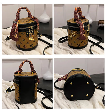 Stylish Printed Bucket Bag with Scarf Detachable Strap Shoulder Crossbody Bag for Women