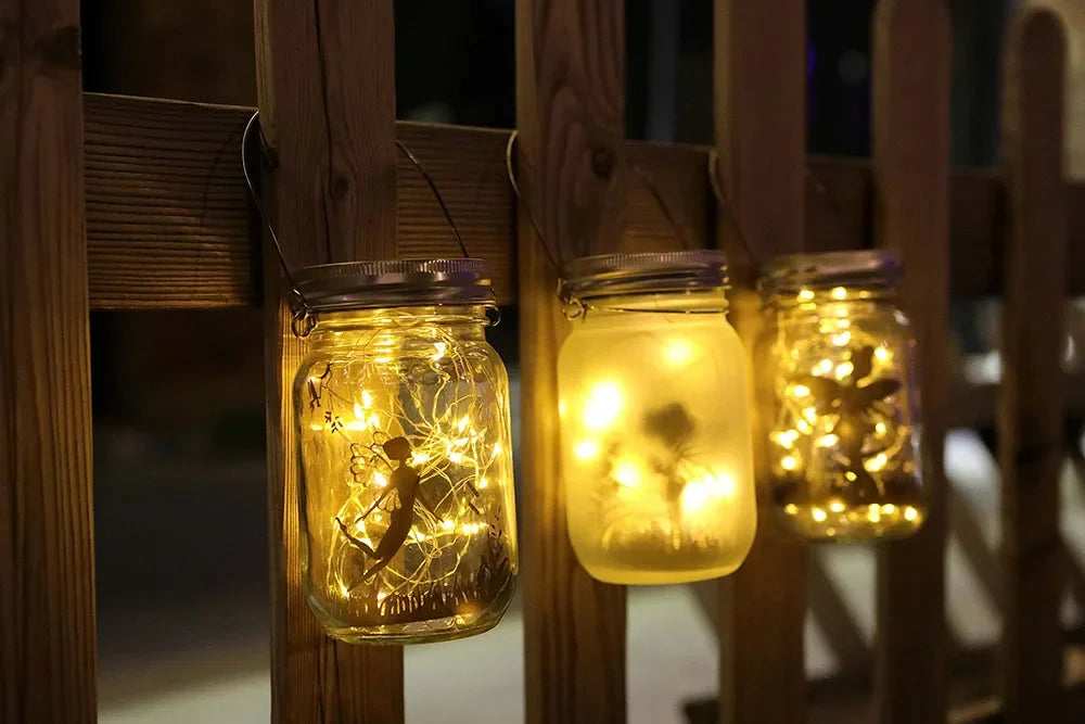 Portable Solar Lantern, Fairy Lights, Garden Ornament Outdoor Hanging Frosted TreeTable, Yard, Patio, Lawn, Glass Mason Jar Lamp
