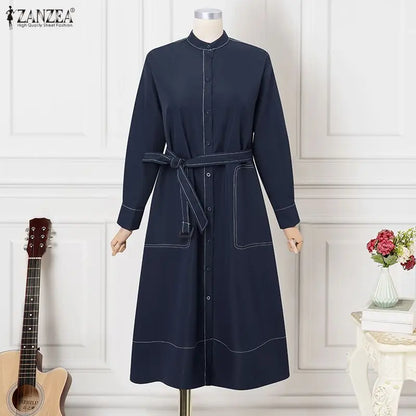 ZANZEA Fashion Long Shirt Dresses Women Elegant Streetwear Office Lady Midi Vestidos Belted Casual Autumn Long Sleeve Party Robe