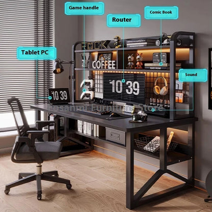 Black Wide Students Study Desk Modern Office Sturdy PC Desk with Shelf Y-Shaped Metal Frame Gaming Computer Table for Home Gamer