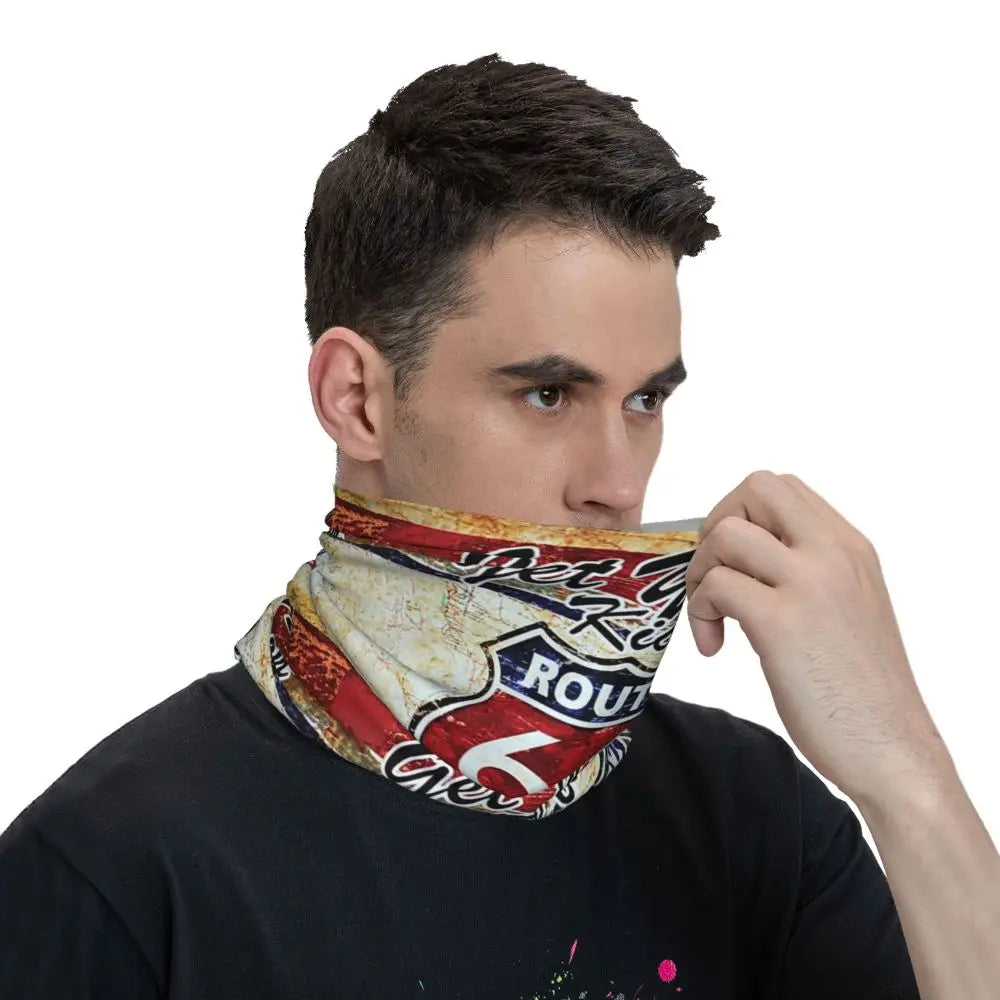 Custom Travel Motorcycle Ride Route 66 Bandana Winter Neck Warmer Windproof Wrap Face Scarf for Hiking Highways Gaiter Headband