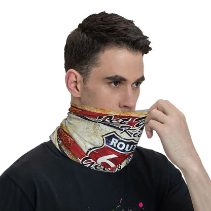 Custom Travel Motorcycle Ride Route 66 Bandana Winter Neck Warmer Windproof Wrap Face Scarf for Hiking Highways Gaiter Headband