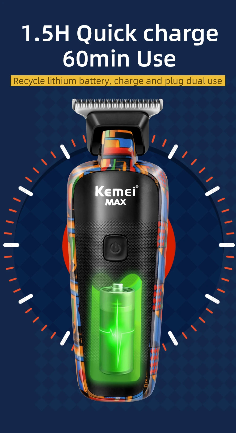 Kemei-5090 Digital Display Professional Barber Pusher For Men Hair Clipper Reciprocating Random Graffiti Pattern Electric