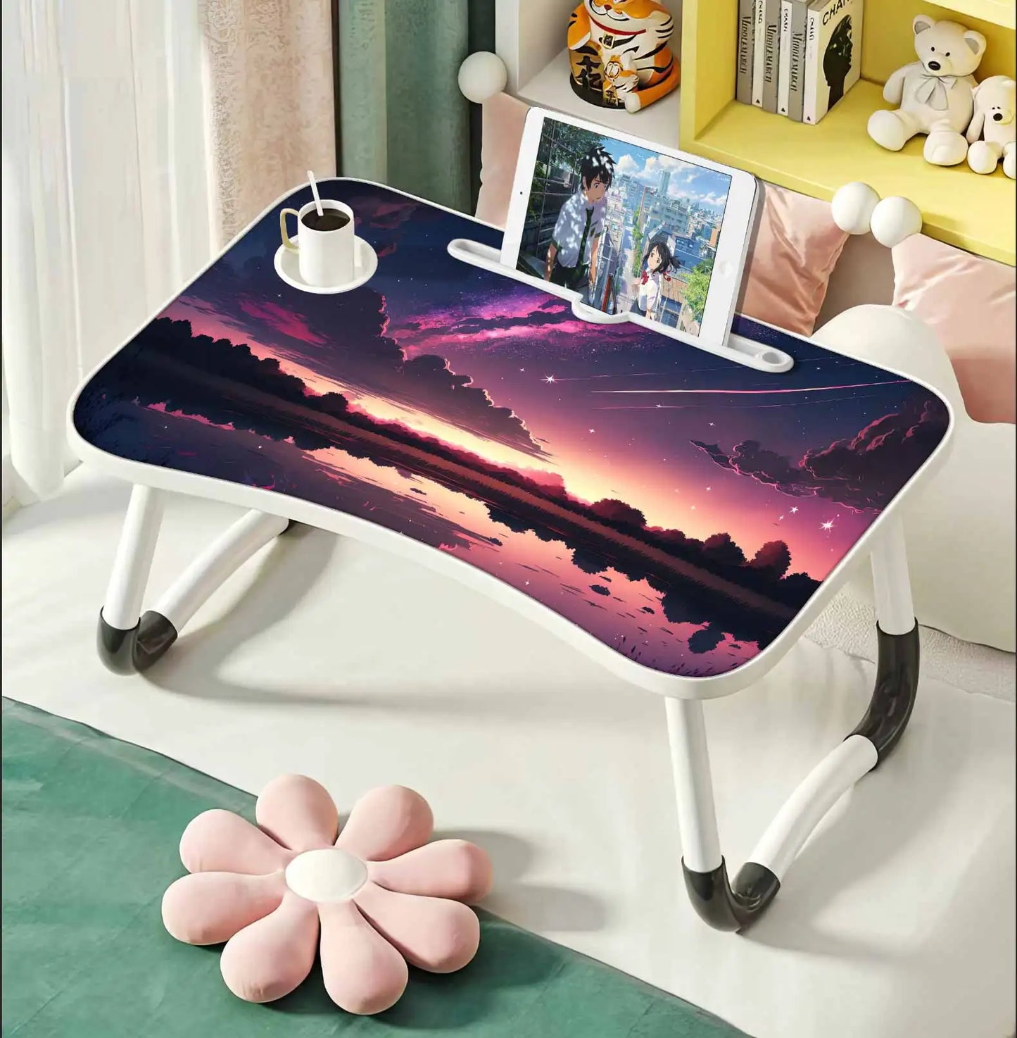 Extra-Large Multifunctional Folding Table, Portable Multi-Color Wooden Laptop Desk with Cup Holder, Ideal for Work and Reading