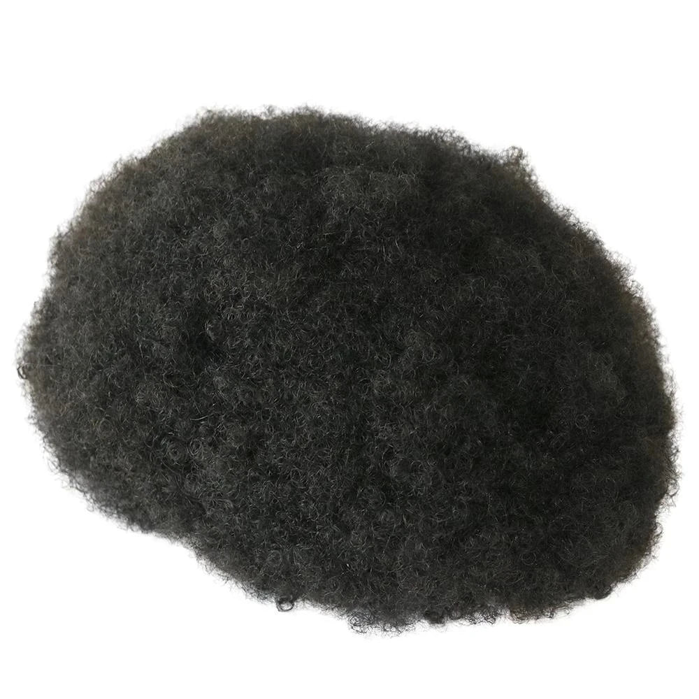 Invisible Lace&PU Australia Base 6mm Afro Kinky Curly African American Men's Toupee Jet Black Durable 100% Human Hair System