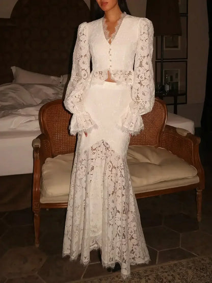 White Lace Patchwork Long Skirt Set Women Chic Full Flared Sleeves V-neck Slim Cropped Sets 2026 Lady Spring Evening Party Wear